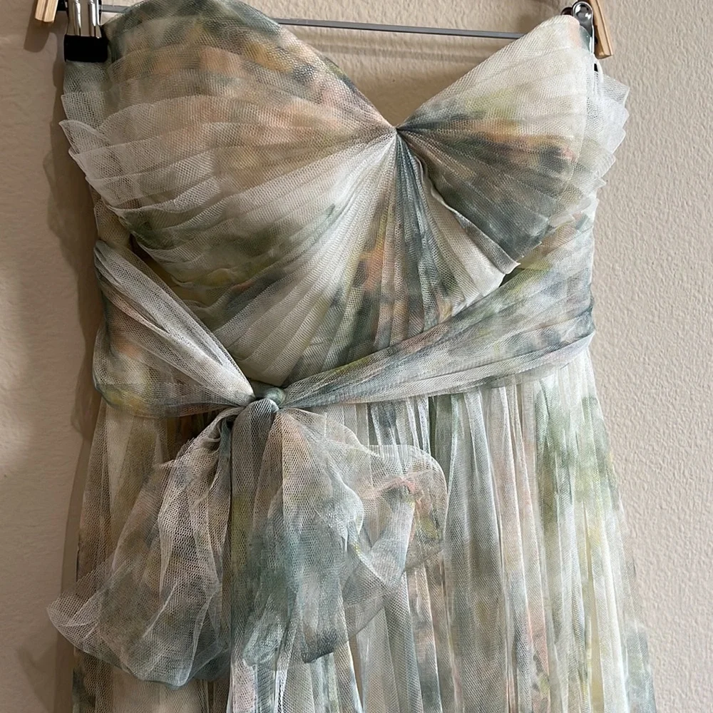 Jenny‎ Yoo Ivory Sage Maia Printed Tulle Sweetheart Strapless Dress Women Medium